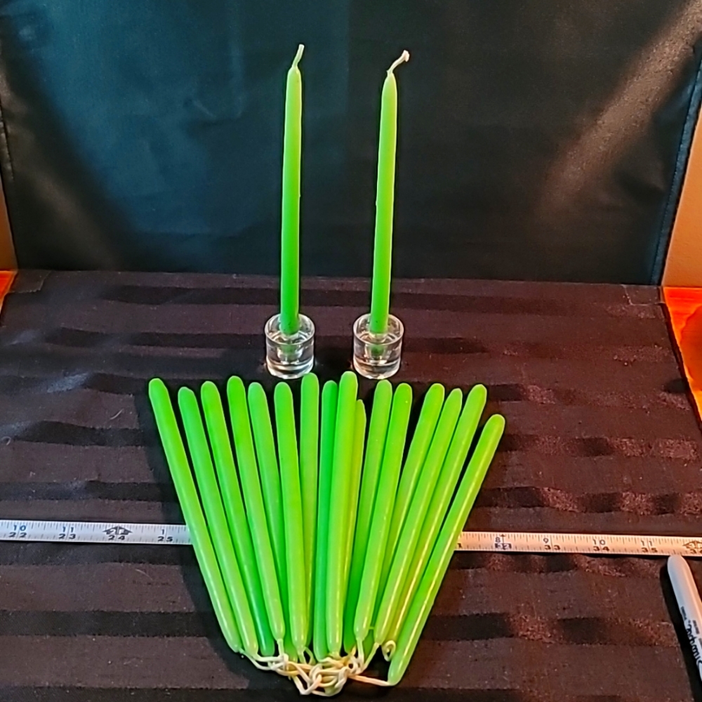 Lot of 18 straight green 7.5" candles and 2 clear glass holders unscented NWT